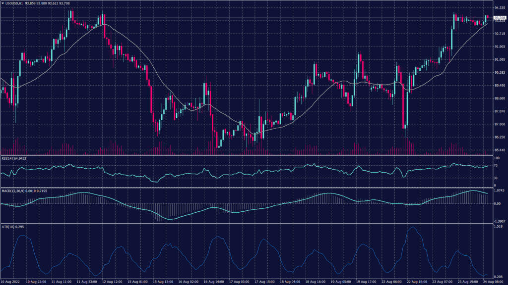 24 August 2022 Market News - WTI crude oil char shows it rebounded from the support at 93.20 reaching above $94.50 per barrel and rising. 